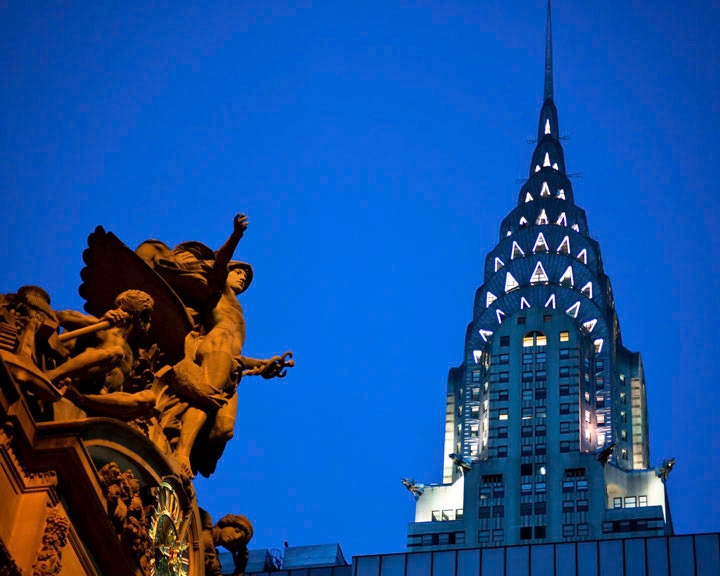 Chrysler Building photograph, Grand Central station, New York City twilight statue, NYC, skyscraper evening night blue - The Beholding
