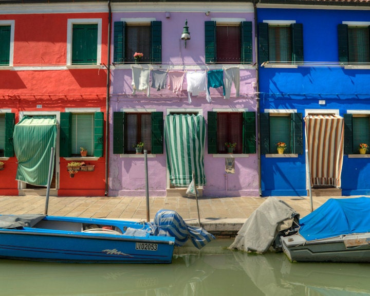 Burano Photograph, happy photo, canal, Italy, italian, Venice, reflections, orange, purple, blue, water - Slap-Happy Town