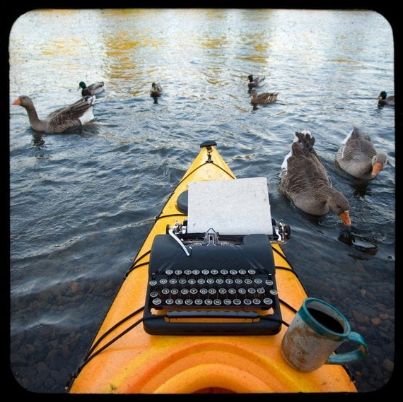 Kayak photograph, antique typewriter photo, whimsical, canoe, paddling, coffee, ducks, water sports,poetry, writing - The Poet at Work