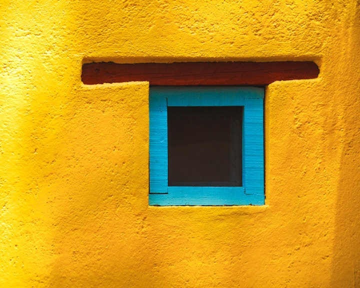 Turquoise window, yellow wall, in Mexico, photograph sunflower, blue santa fe ravishing southwestern style abstract Latin America San Migue