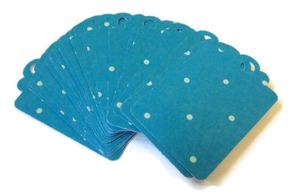 Price Tag Hanging Tag Blue with Off White Polka Dots- Set of 28