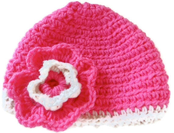 Baby Hat Flower Crochet Hot Pink Fuchsia White