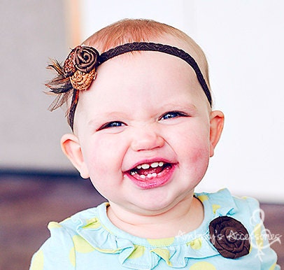 Brown Fabric Rosette with Feathers, Interchangeable Snap Accessory