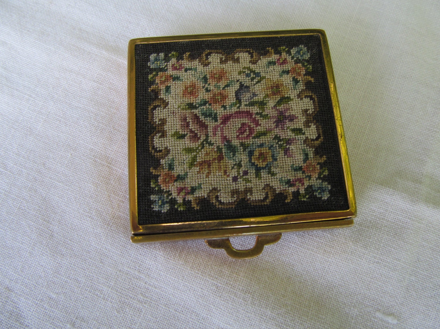 Vintage compact, petitpoint top, beveled mirror