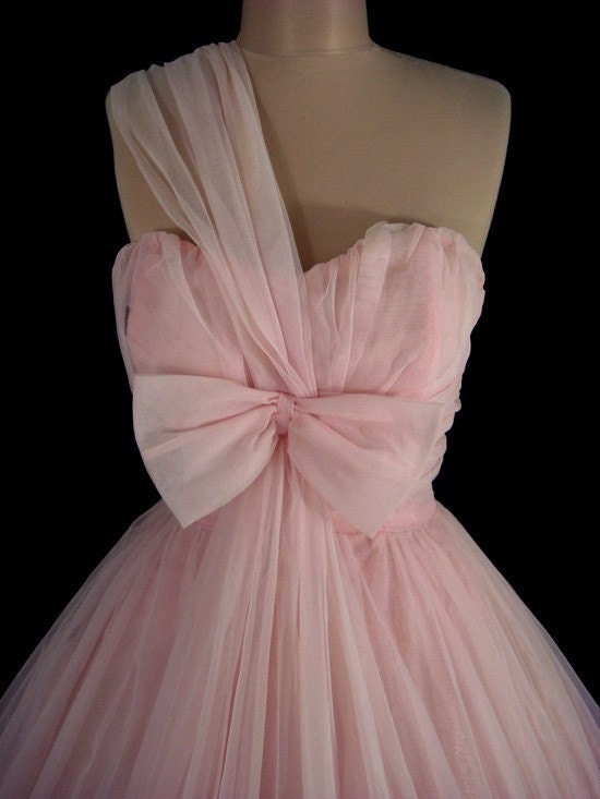 Vintage 1950's 50's Bombshell Pink Chiffon Strapless One-Shoulder Bubble Hem Full Skirt Cocktail Party Prom Dress