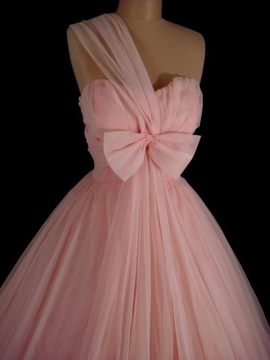 Vintage 1950's 50's Bombshell Pink Chiffon Strapless One-Shoulder Bubble Hem Full Skirt Cocktail Party Prom Dress