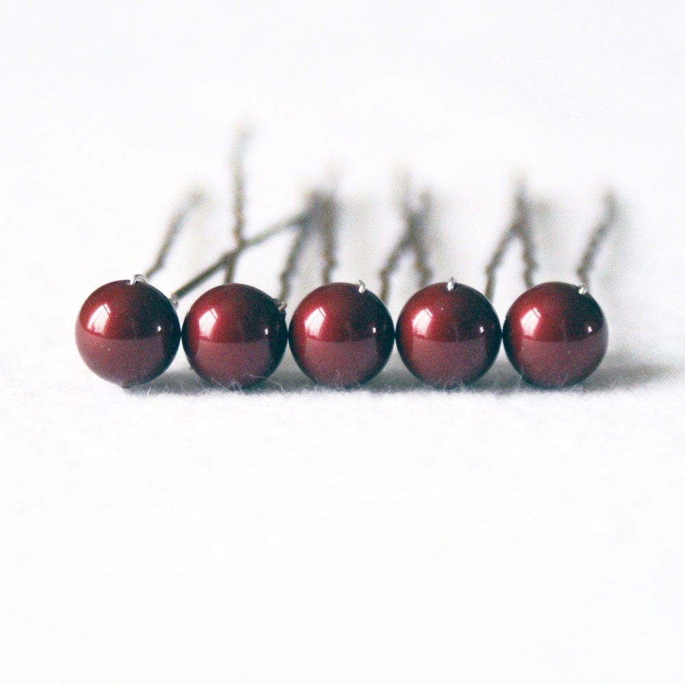 Dark Red / Bordeaux Pearl Wedding Hair Pins. Set of 5, 8mm Swarovski Crystal Pearls. - PinkTreeStudios