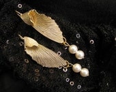 Gold Polynose Angel Wing Dangle Earring with Twin Swarovski White Pearls by LauriJon Studio City