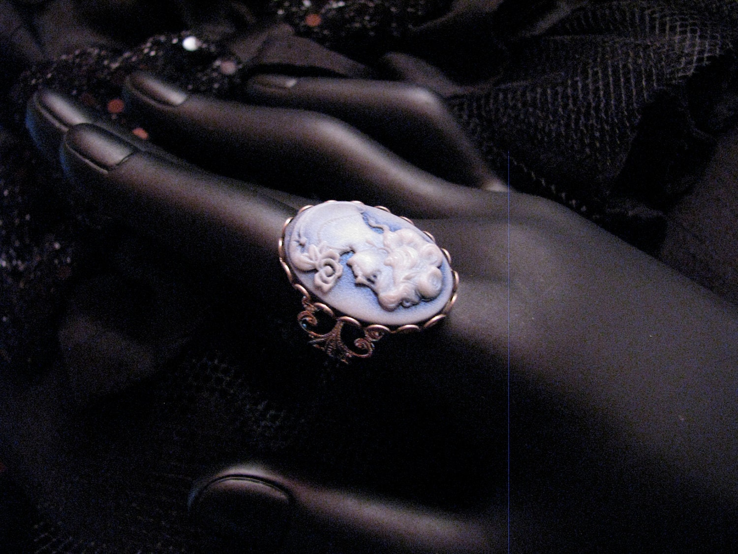 Natty Navy and White Cameo on Silver Filigree Adjustable Ring by Lauri Jon Studio City(TM)
