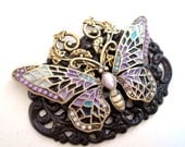 Jeweled Butterfly Pendant of Rhinestones, Small Pearls and Enamel Wings, Custom Necklace Supply,