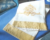 TWO (2) Vintage LINEN TOWELS With Gold Colored Hems and Embroidered Bouquets - 23 X 40 Inches - Sold as a Pair Only, Not Individually