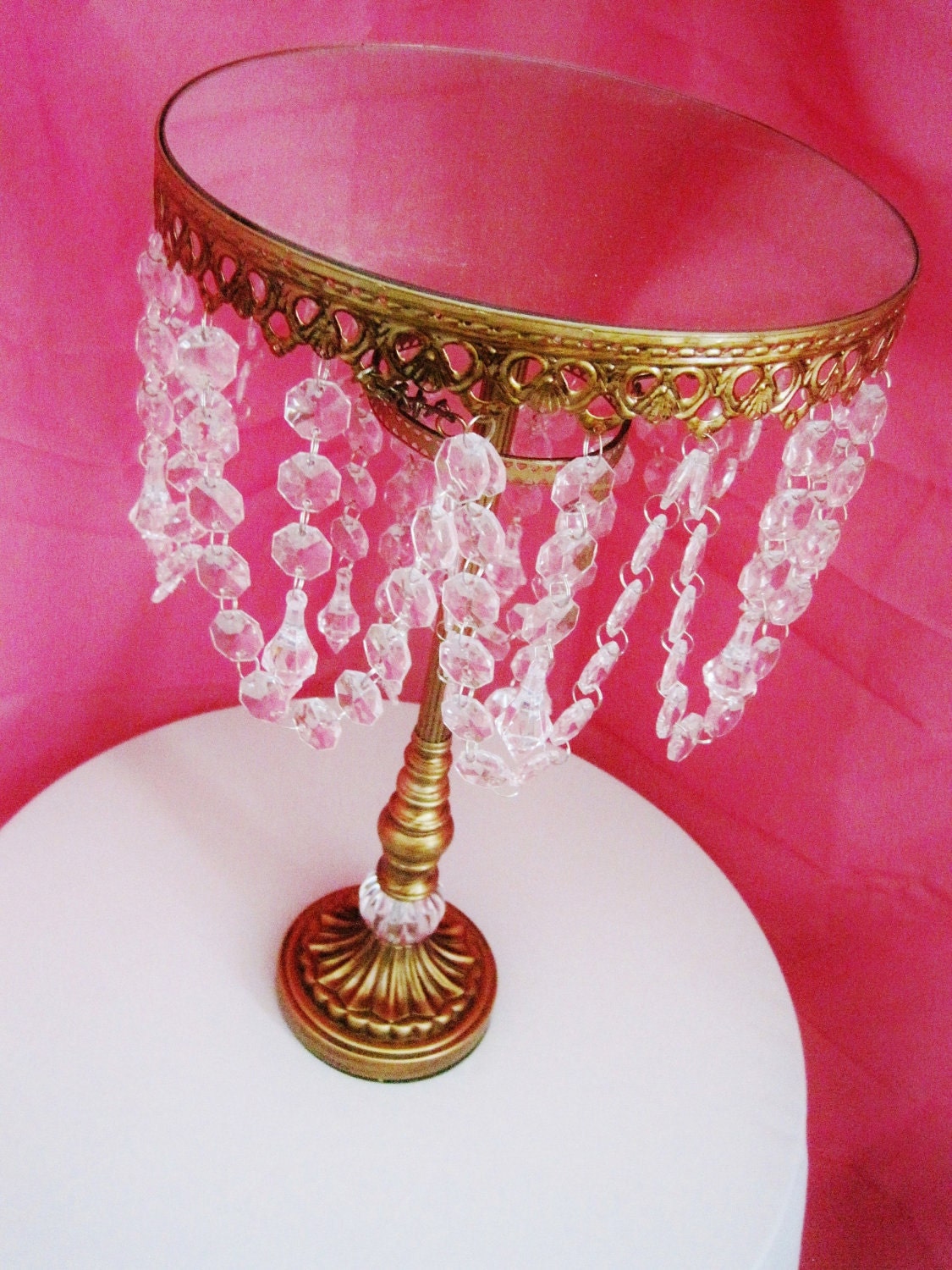 Golden Scroll and Crystal Tall 10" Round Chandelier Cake Stand