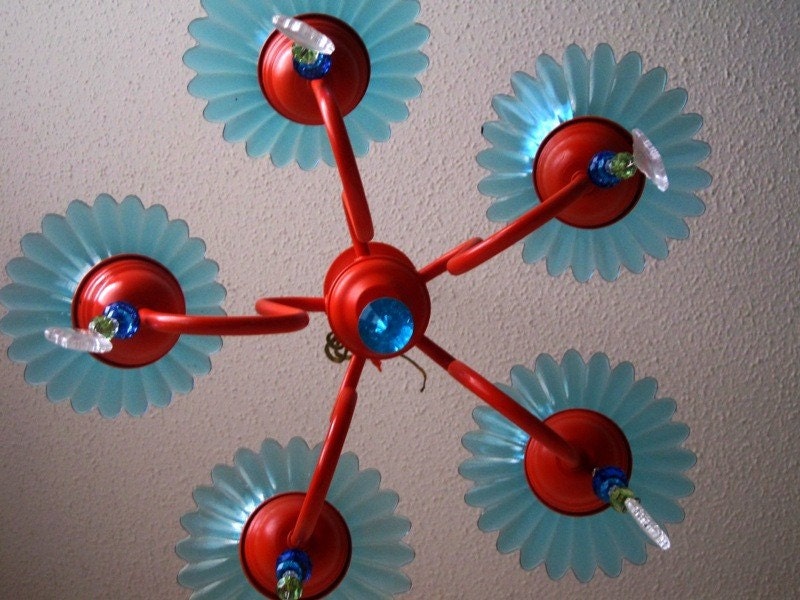 Sale Orange and Aqua Custom 5 arm chandelier MADE TO ORDER