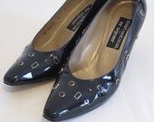 vintage Stuart Weitzman for Mr. Seymour - Black Patent Pump with Brass and Jet Studs  size 7 wide