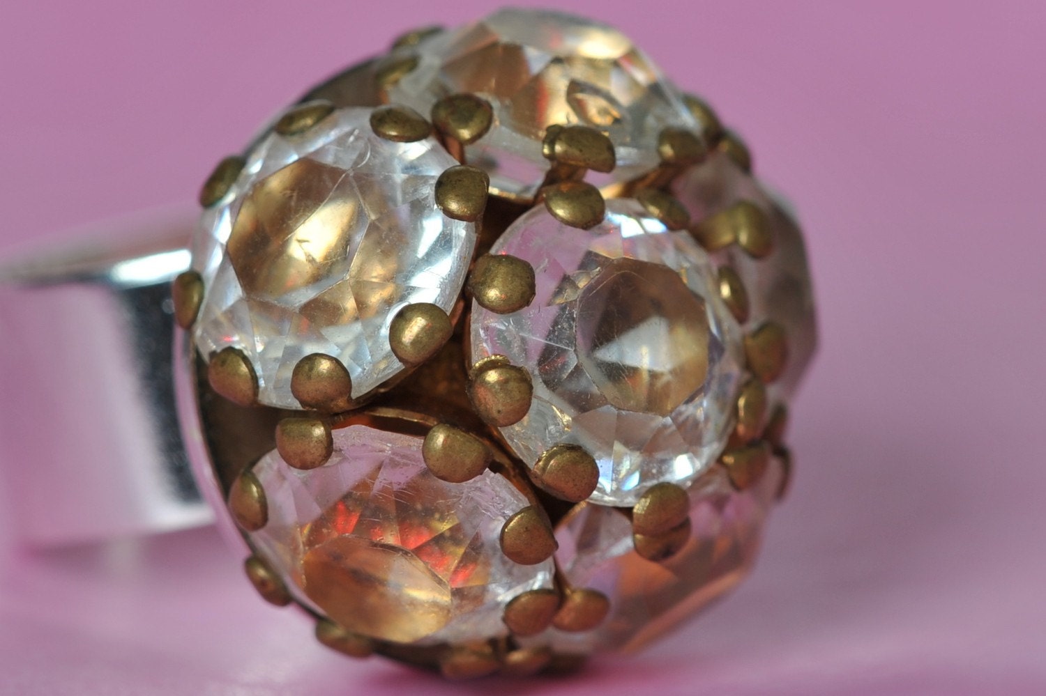 Cocktail ring. Adjustable. Rhinestones. Repurposed. Vintage. SIlver. Gold. Dome.SALE