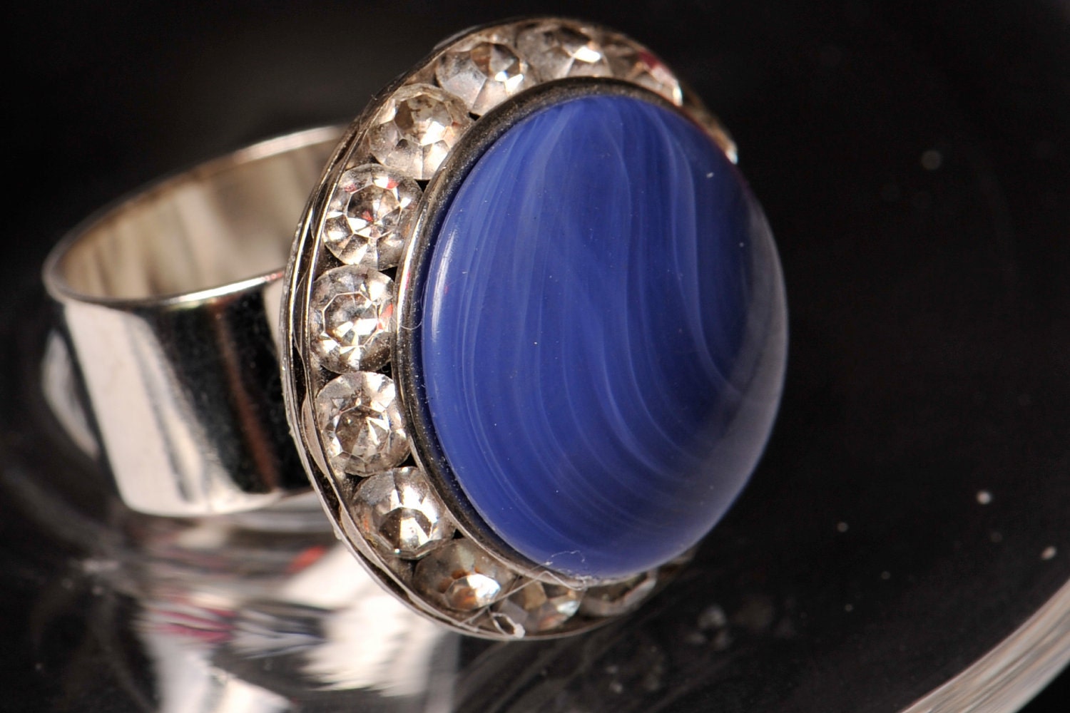 Cocktail ring.  Adjustable. Rhinestones. Periwinkle gem. Repurposed vintage.
