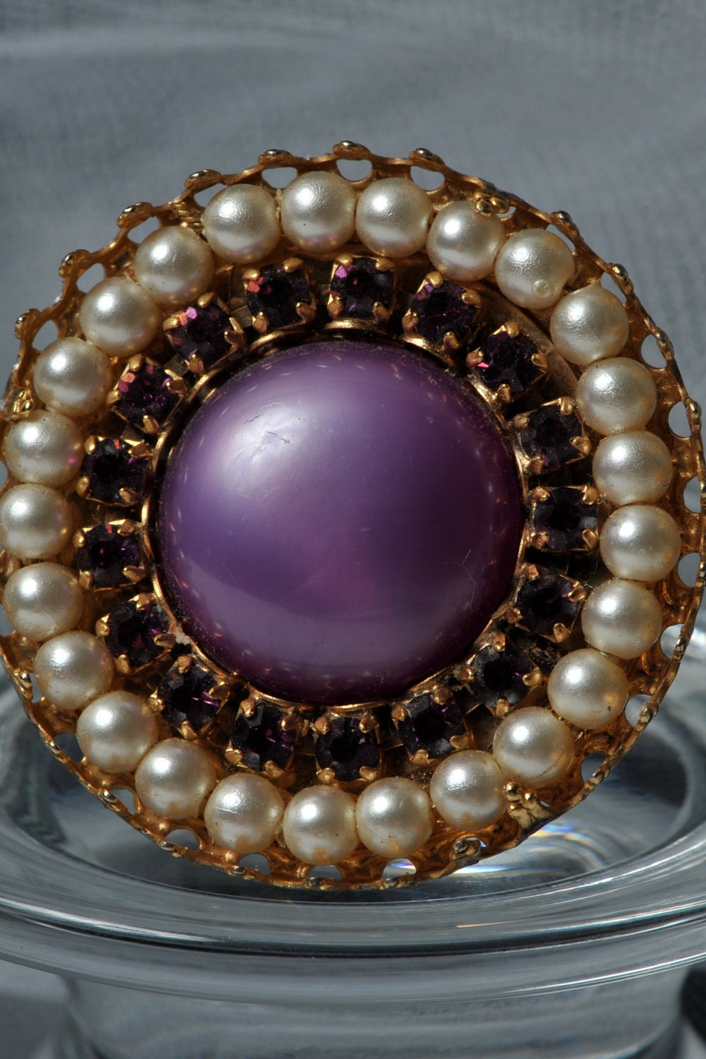 Cocktail ring. Purple. Pearls. Gold. Repurposed vintage. Adjustable. Wedding accessory.