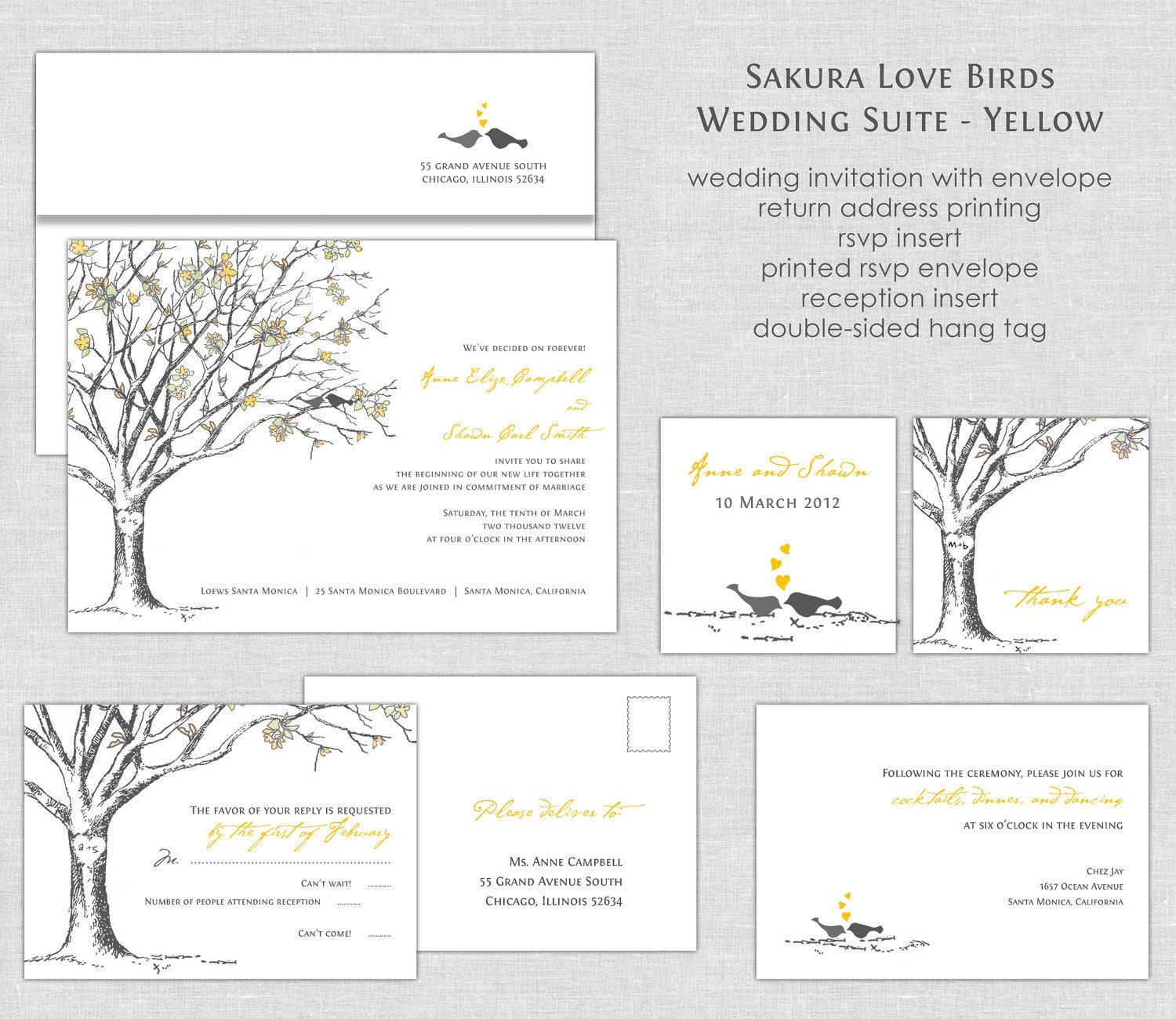 Wedding Invitation Set Sakura Cherry Blossom Love Birds with Carved Tree in Yellow and Gray Il_570xn