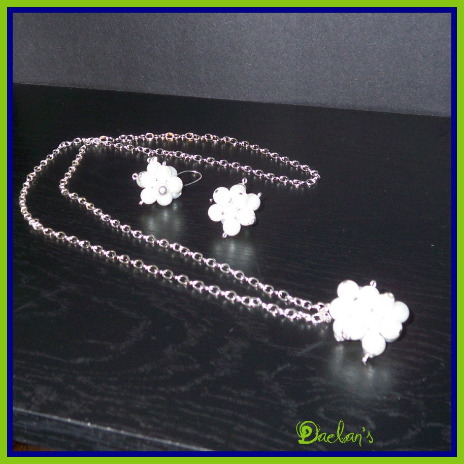 Swinging pearls. Pearl earrings and pendant on long silver chain.