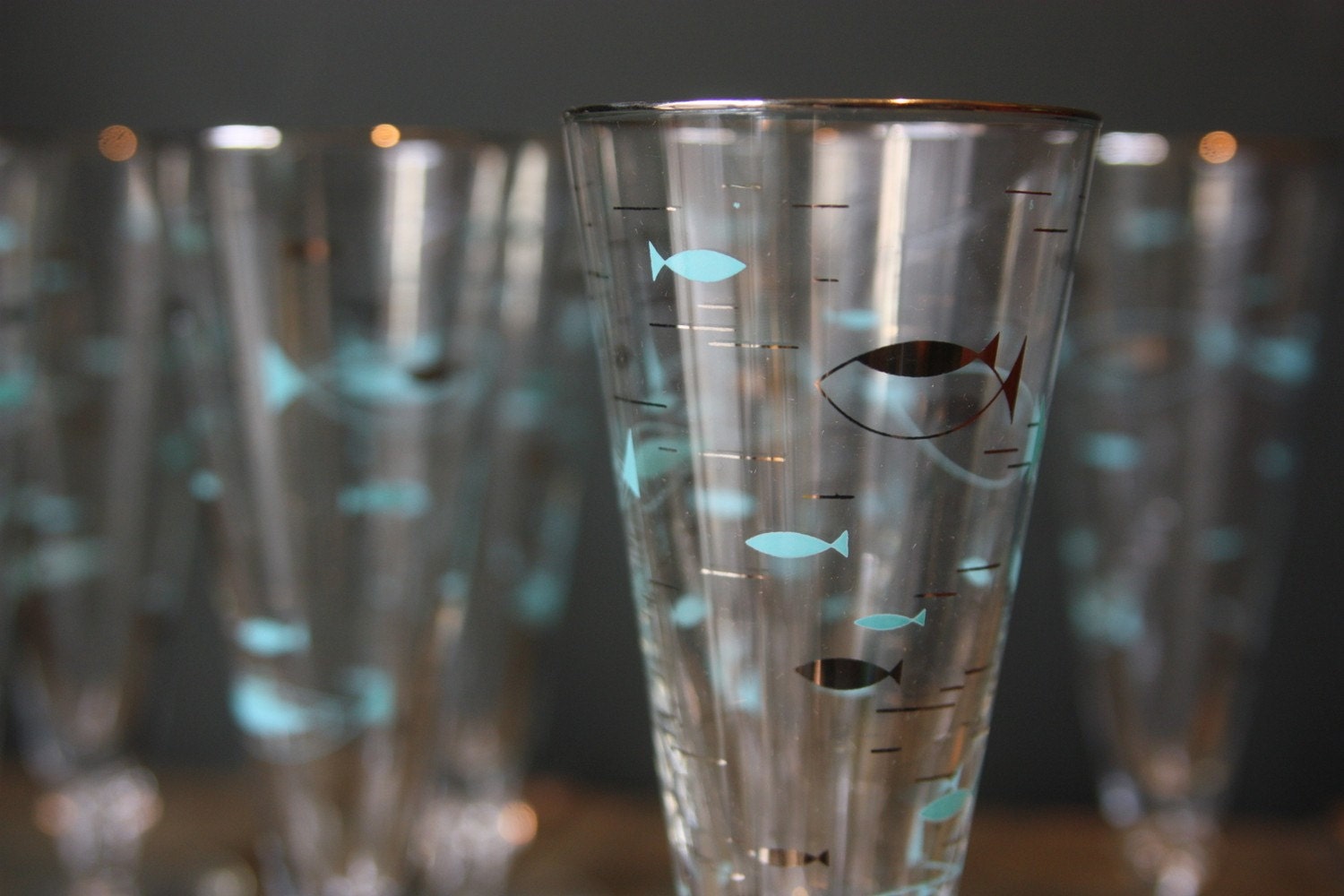 Mid Century Bar Glasses with Classic Fish Design