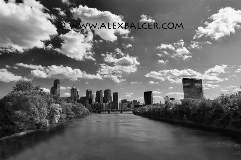 Fine Art Photography Print - Philadelpia Skyline over the Schuylkill River - Black and White  - www.alexbalcer.com