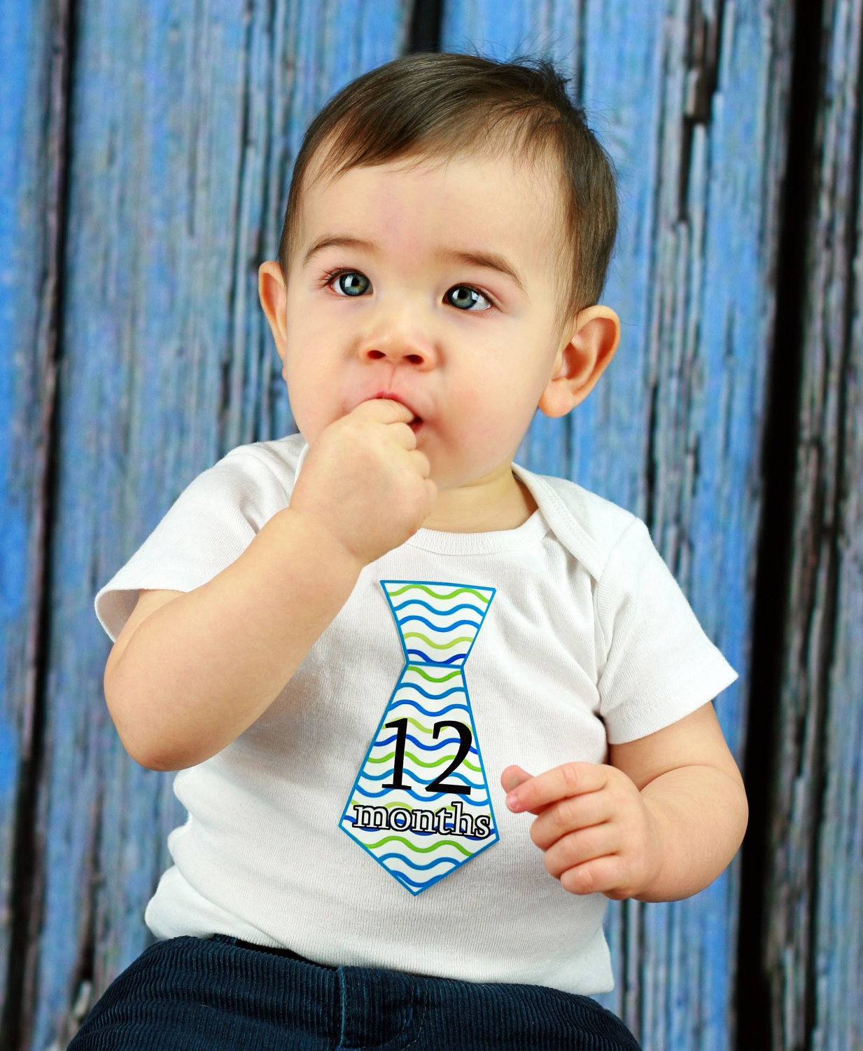 Monthly Onesie Stickers...Set of 12 Boys...Blue and Green Ties...Ready to Ship...Waterproof....Months 1-12...Uncut Read Description