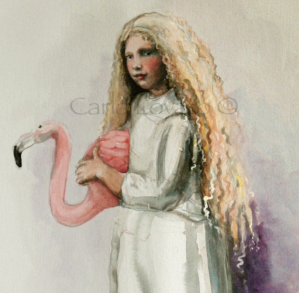 Alice in Wonderland Acrylic Painting  - Giclee Print  - Pink Flamingo Fantasy Art Looking Glass