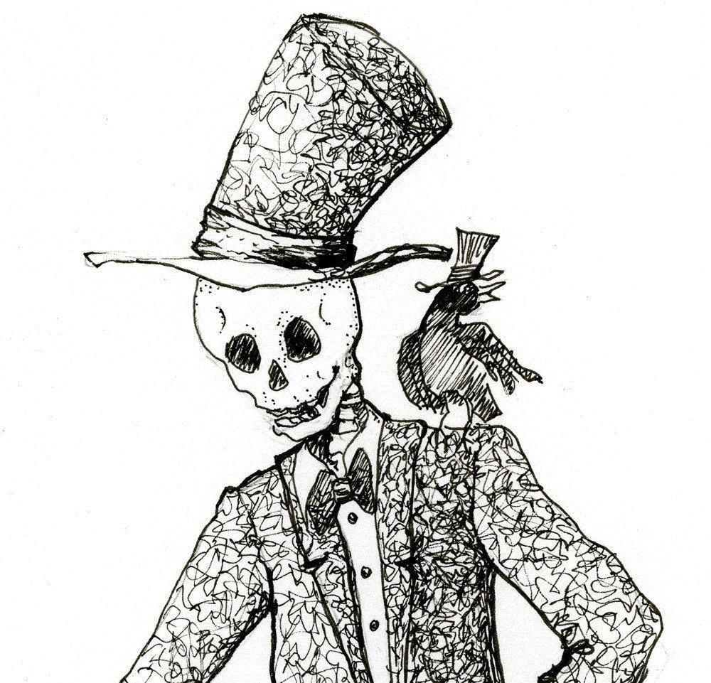 Skeleton Art Day of the Dead Original Drawing Crow Dog Top Hat Halloween Art