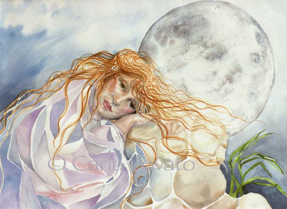 Moon Art  Celtic goddess - Greeting card  - Titled Waiting for the Moon romantic