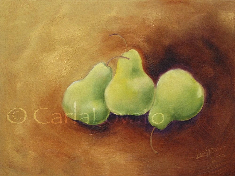 Original Oil Painting of  Pears  on wood panel  - still life fruit Gold green garden art