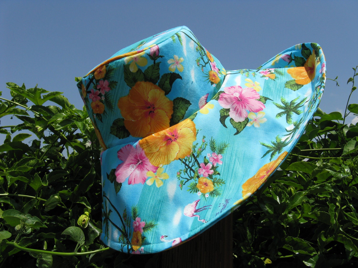 Wide Brim Sun Hat  Turquoise Floral Print