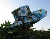 Wide Brim Sun Hat Blue Brown White Floral Womens