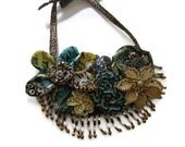 Tribal Floral Fabric Bib Necklace Blues Browns Beige Beaded Fringe