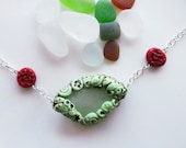 Natural Sea Glass and Polymer Clay Window Bead Necklace (turquoise and red)