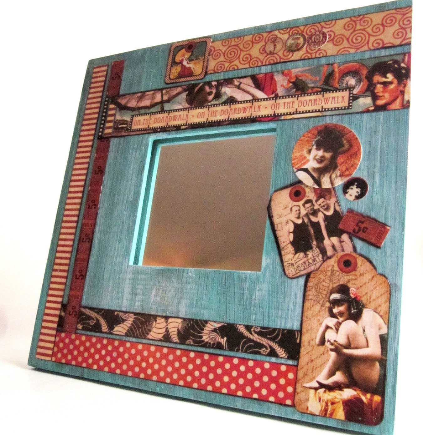 Ocean Blue Vintage Beach Boardwalk 10 x 10 Inch Collaged Mirror