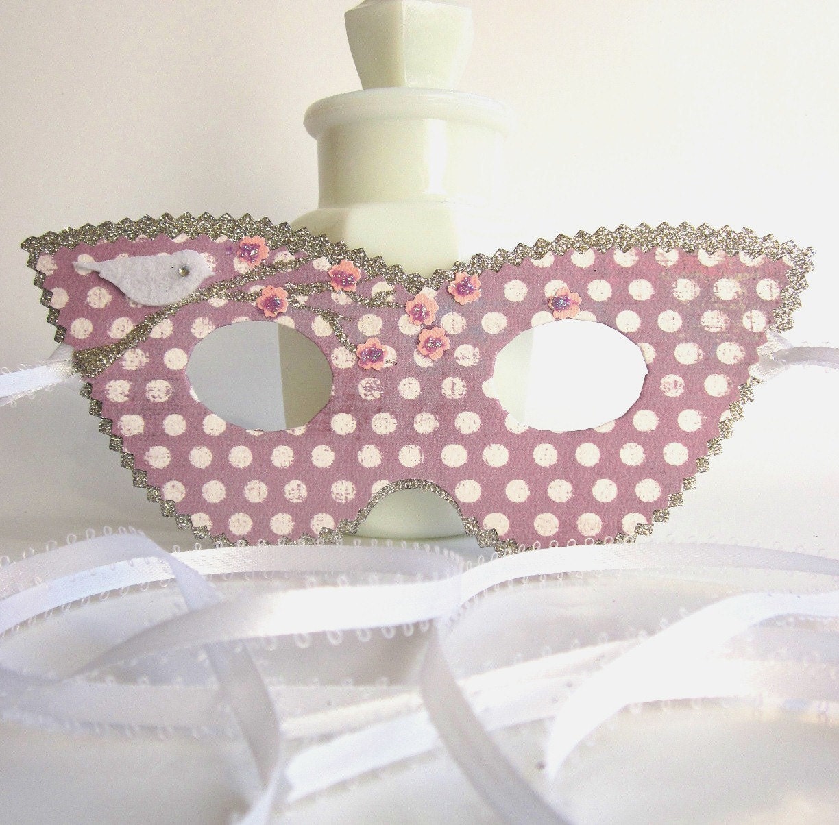 Silver and Lavender Polka Dot Masquerade Mask with Pink Blosssoms and White Bird