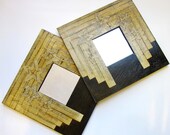 Set of 2 Crackle Glazed Art Deco Style 10 x 10 Inch Collaged Wood Framed Mirrors with Stars