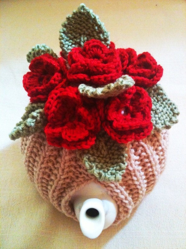 Blood Red Roses Flower Garden Tea Cosy - Oatmeal Base - in Pure Merino Wool by Tafferty Designs size LARGE - Made to Order