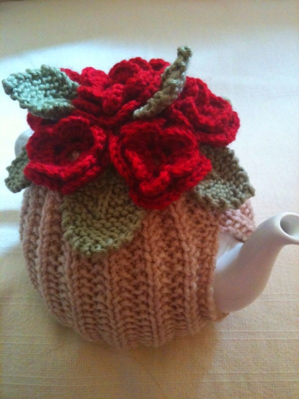 Blood Red Roses Flower Garden Tea Cosy - Oatmeal Base - in Pure Merino Wool by Tafferty Designs size LARGE - Made to Order