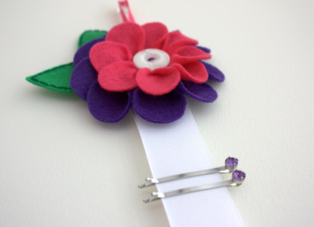 Hair Clip and Bow Holder - Pink and Purple Felt Flower