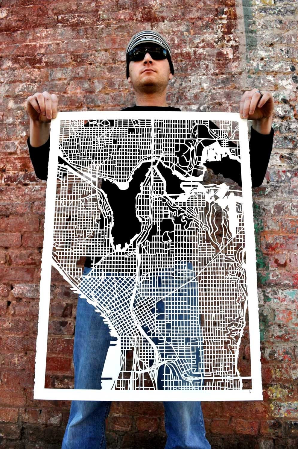 seattle MAPCUT ON WHITE, 22"x30"