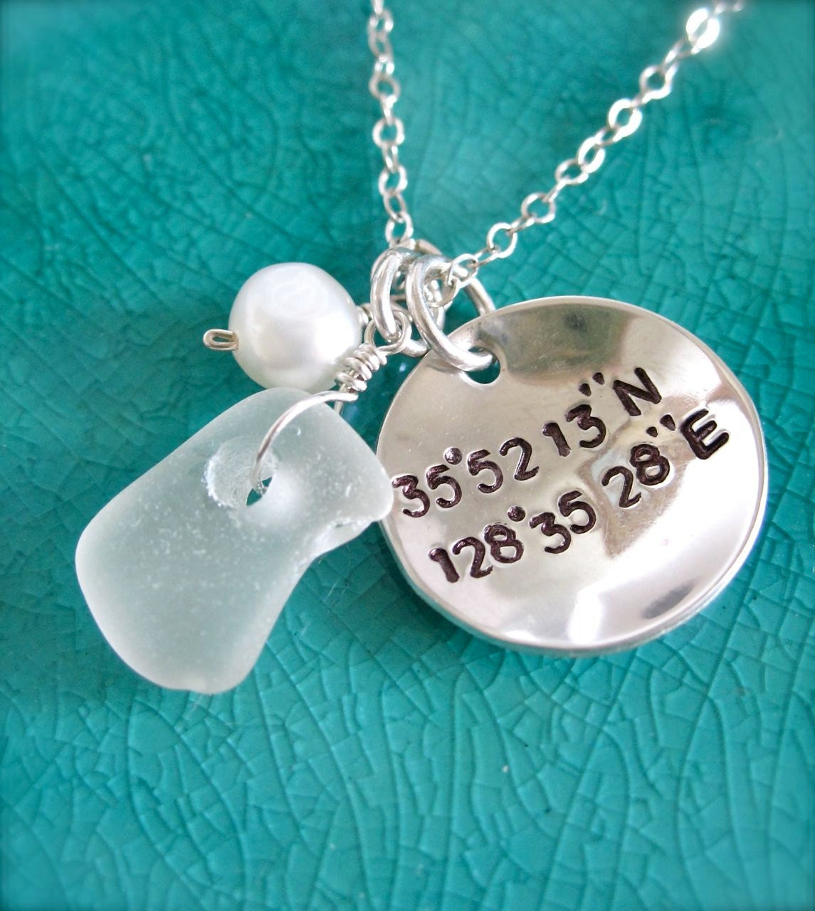 Sea glass Geocache necklace - Hand stamped charms necklace
