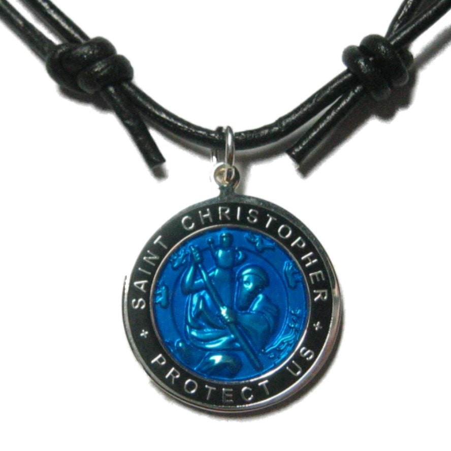 St. Christopher Surfer Medal Black Leather Cord Choker
