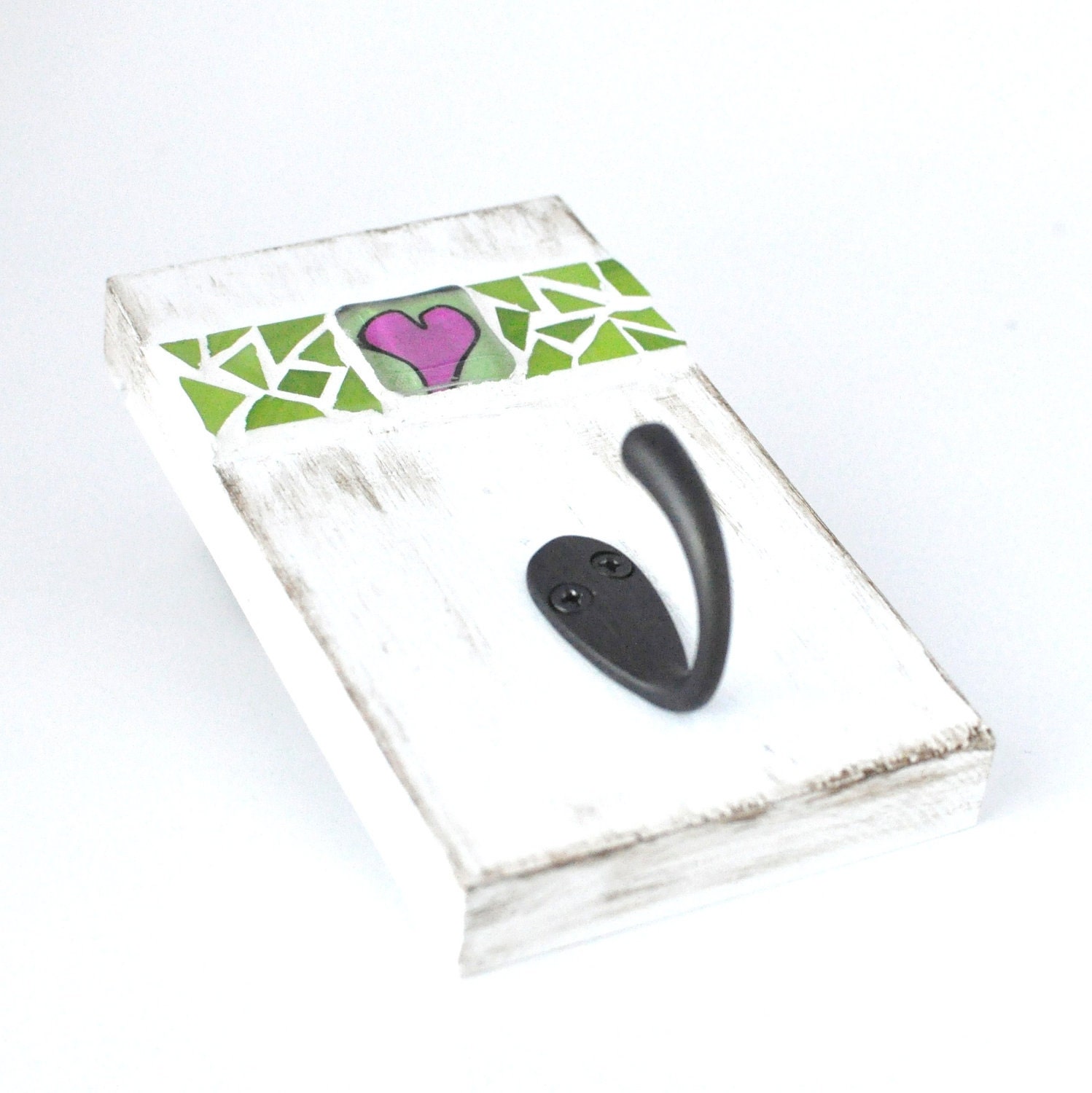Mosaic Hanger - Coat Rack - Key Holder - Heart - Recycled Wood - Magenta and Green