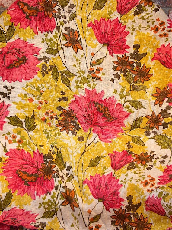 Vintage Fabric - Pink and Yellow Floral Linen Burlap - 1.5 Yards