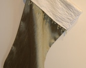 Christmas Stocking- Sage Green Raw Silk Look with Satin Band and Beaded Trim