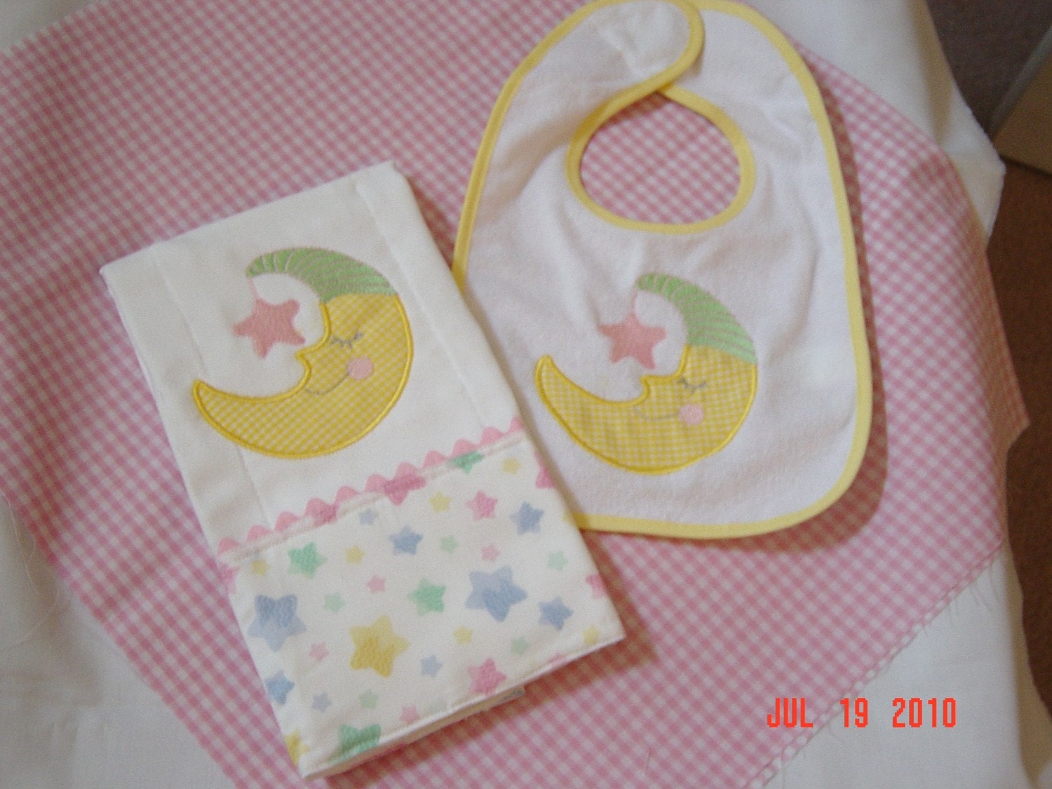 Baby Girl Custom Moon and Star applique burpcloth and bib set