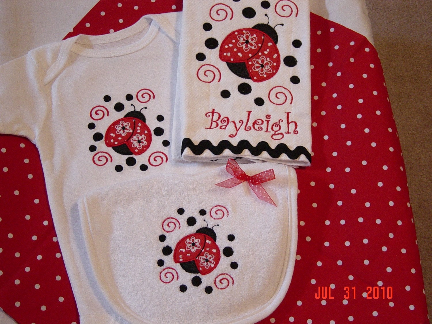 Baby Girl Ladybug Burpcloth Bib and Onesie Set with Ladybug Applique