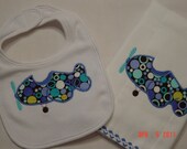 Baby Boy Bib and Burp Cloth Set with Airplane Applique in a Retro Dot Fabric