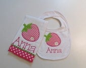 Baby Girls,Hot Pink and Lime Green Strawberry Bib and Burp Cloth Set, with Monogram